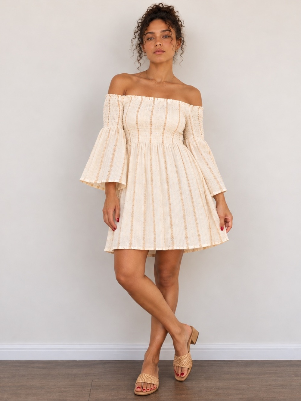 Blue Island Cream Gold Metallic Off Shoulder Smocked Boho Dress Size L Fairycore